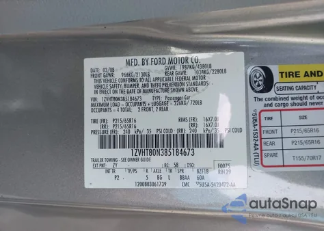 2008 Ford Mustang V6 Deluxe/V6 Premium из США, поврежденный, VIN 1ZVHT80N385184673